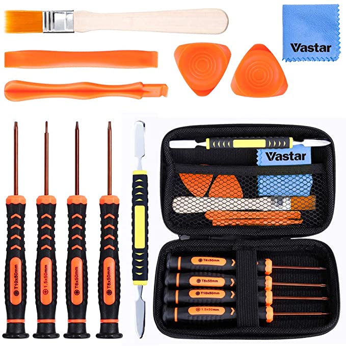 Vastar T6 T8 T10 Xbox One Screwdriver Set, 12 in 1 Xbox Repair Kit for Xbox One Xbox 360 Controller and PS3 PS4 Controller with Cross Screwdriver 1.5, Safe Pry Tools, Cleaning Brush & Cloth in EVA Bag