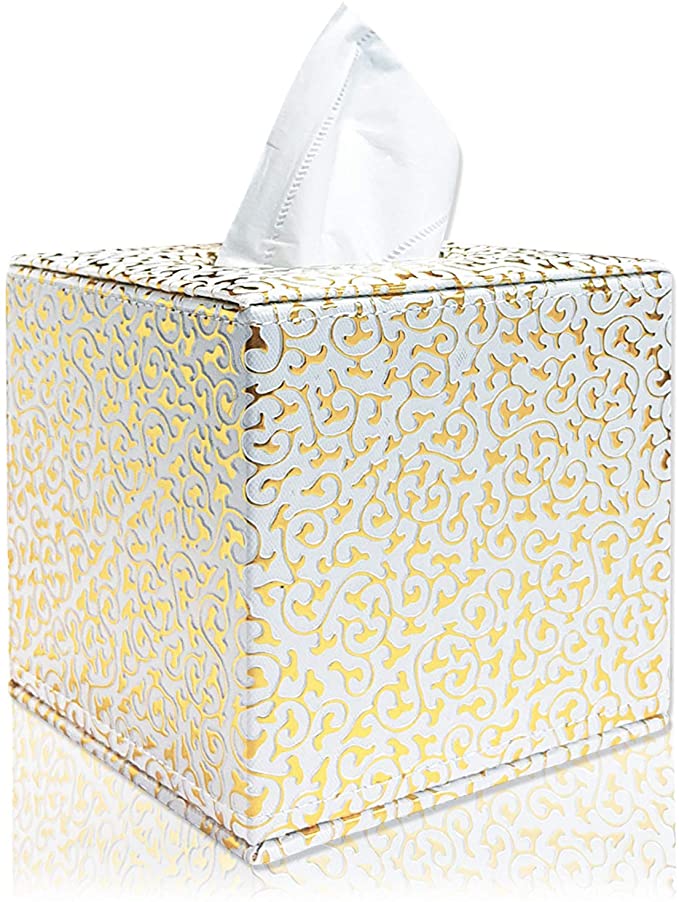 Fanuk Tissue Box Holder, Square PU Leather Tissue Box Cover for Bathroom Vanity Countertops Home Office Car (Gold)