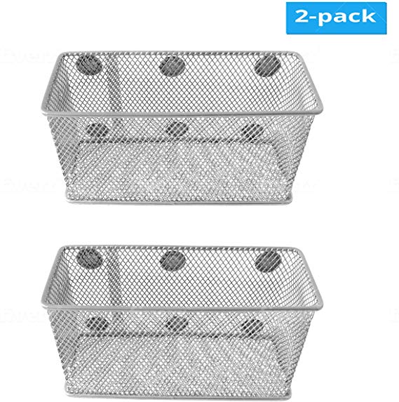 Magnetic Basket Set of 2 by GoSupplyWise - Mesh Organizer and Holder on White Board for Dry Erase Markers or in Locker - Magnet Shelves on Refrigerator - Pen Holder or Desk Storage for Office - Silver