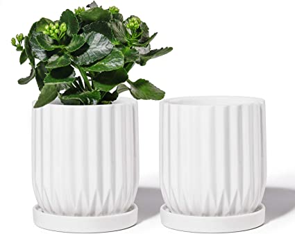 POTEY 050102 Ceramic Planter Pot - 4.9 inch Modern Lines Cylinder Planters with Drainage Hole & Attached Saucer for Indoor Plants Flower Succulent (2, Shiny White)