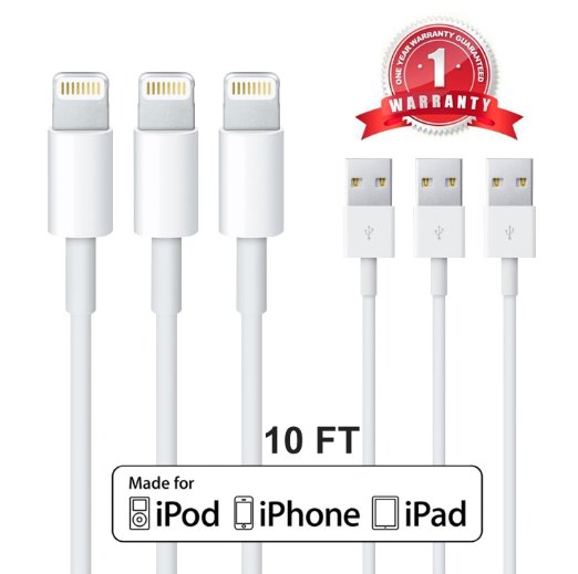 ESK® 3 Pack Certified 8 Pin Lightning to USB Cable for iPhone iPad and iPod (10 Feet / 3 Meters)
