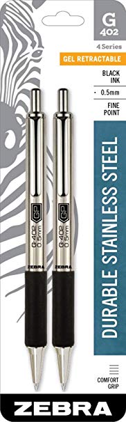 Zebra Pen G-402 Stainless Steel Retractable Gel Pen, Fine Point, 0.5mm, Black Ink, 2-Count (49212)