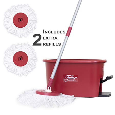 Fuller Brush Spin Mop Exclusive Bucket System - Easy Wring, 360° Spin - Streak Free Floor Cleaning - Ruby Red (2 Extra Refill Mop Heads)