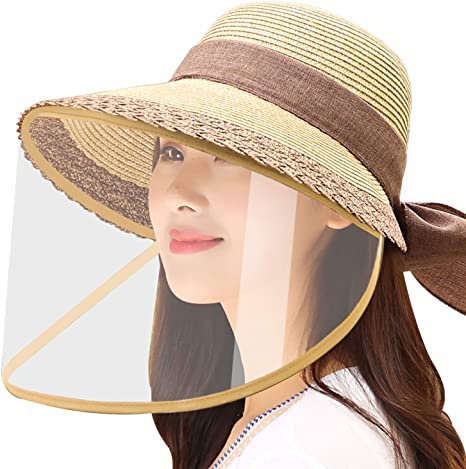 WAYCOM Removable Protective Straw Hat,Womens Beach Sun Straw Hat Wide Brim UPF50 Travel Foldable Summer Hat