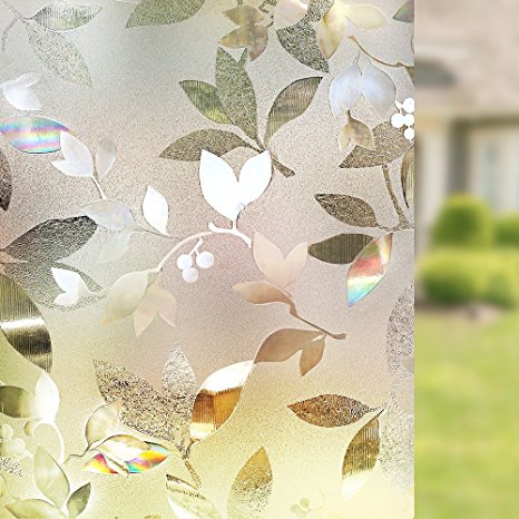 Rabbitgoo 3D Window Films Privacy Film Static Cling Decorative Leaf Film Non-Adhesive Heat Control Anti UV 35.4in. By 78.7in. (90 x 200CM)