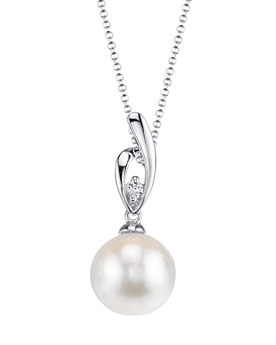 THE PEARL SOURCE 14K Gold Round White Freshwater Cultured Pearl & Diamond Lois Pendant Necklace for Women