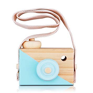 PCloud Kids Wooden Mini Camera Toy Natural Cute Wood Camera Sharpe Toy with Neck Strap for Baby Toddlers Children, Kids Room Hanging Decor,Perfect Birthday (Blue)