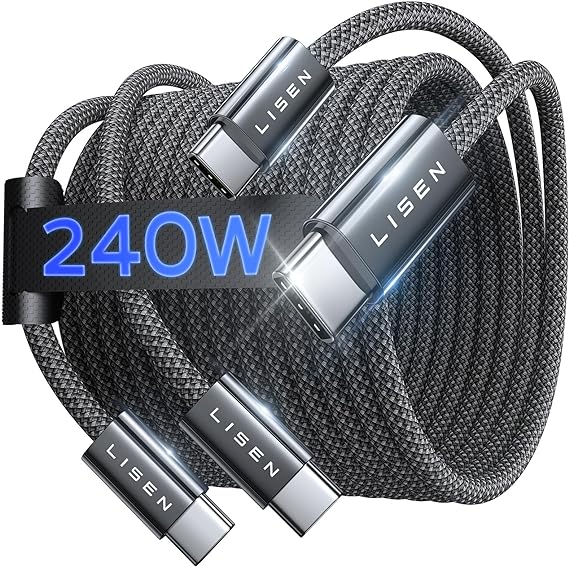 LISEN 240W USB C Cable, [6.6ft/2 Pack] USB C to USB C Cable, 48-Strand Braid Type C Cable Fast Charge for iPhone 15/Pro/Plus/Max, iPad Pro/Air, MacBook, USB Cable for Samsung Galaxy S23, Google Pixel