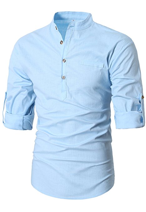 GARSEBO Beloved Men Button Slim Henley Neck Long Sleeve Casual Linen Shirts