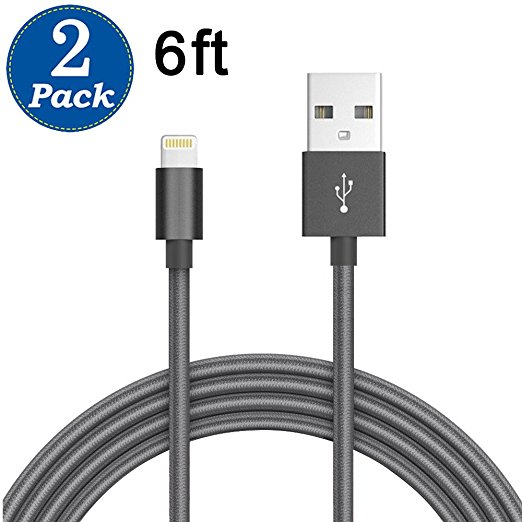(2 Pack) Lightning cable, 6ft Durable Nylon Braided Lightning to USB Sync and Charging Cable for iPhone 7,iPhone 6,6s, 6 Plus,6s Plus, iPhone 5 5s 5c,SE, iPad Air, iPod