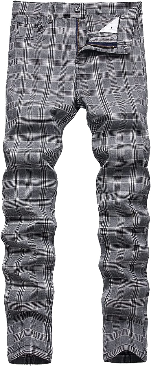 Keevoom Plaid Pants for Men, Mens Stretch Skinny Flat-Front Casual Slim Fit Business Dress Chinos Pants