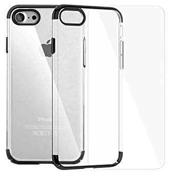 Slim Clear iPhone Case and Screen Protector Set Crystal Clear TPU Cover Case with Soft Shock Absorption Bumper and Tempered Glass Screen Protector for iPhone 7 Plus/8 Plus (Black)