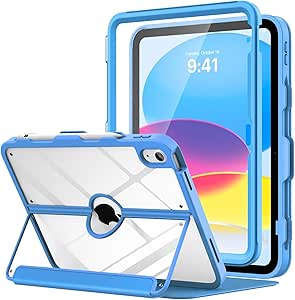 MoKo for iPad 10th Generation Case with Pencil Holder, iPad Case 10th Generation 2022 10.9", Built-in Screen Protector Clear Back, Stain Resistant Multi Angle Viewing Stand, Auto Wake/Sleep, Blue Wave