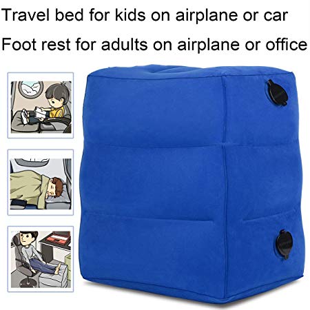 KAILEFU Travel Foot Rest Pillow, Inflatable Adjustable Height Footrest Pillow for Foot Rest on Airplanes,Car, Train, Office, Airplane Bed for Kids/Toddler to Lay Down or Sleep on Long Flights (Blue)