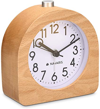 Navaris Analogue Wooden Alarm Clock - Retro Table Clock with Half Round Design Snooze Function and Alarm Face Light - Natural Wood in Light Brown