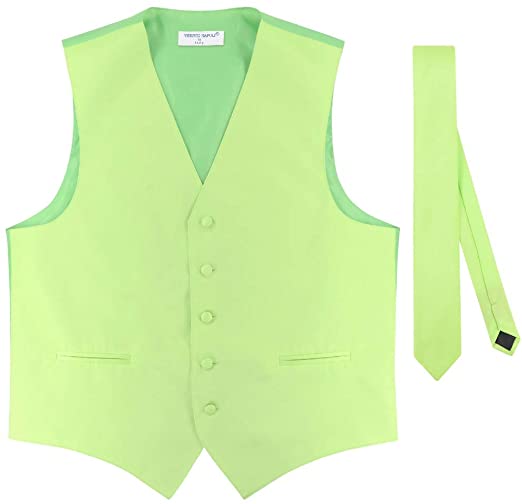 Men's Dress Vest & Skinny NeckTie Solid Lime Green Color 2.5" Neck Tie Set