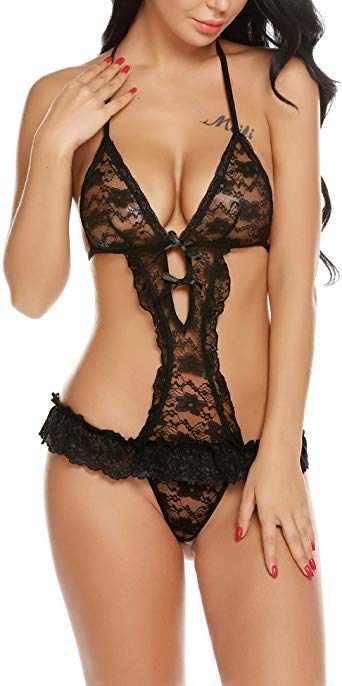 ELOVER Women Sexy Lingerie Teddy One Piece Lace Babydoll Bodysuit Black Large