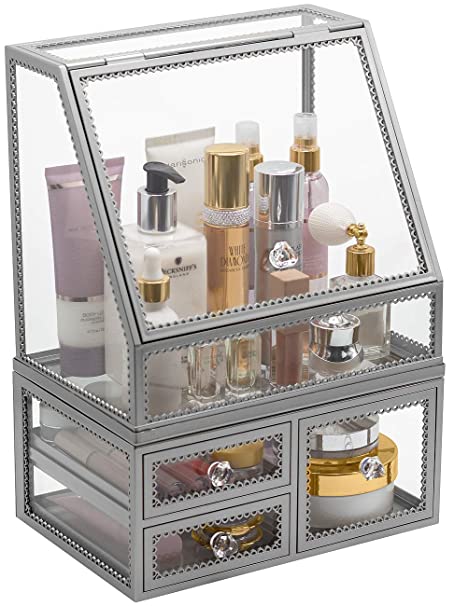 Sorbus Makeup Organizer Countertop Acrylic, 2-Piece Stackable Design Make Up Cosmetics Storage Stand with Drawers, For Cosmetics, Skincare, Vanity, Bathroom Elegant Vintage Style (Silver)