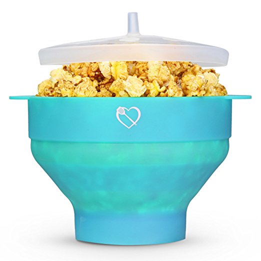 Live Healthy Microwave Popcorn Popper [Collapsible] [Heat Safe Side Handles] No Oil required, [BPA PVC Free] Silicone Popcorn Maker with lid [Dishwasher safe] Turquoise