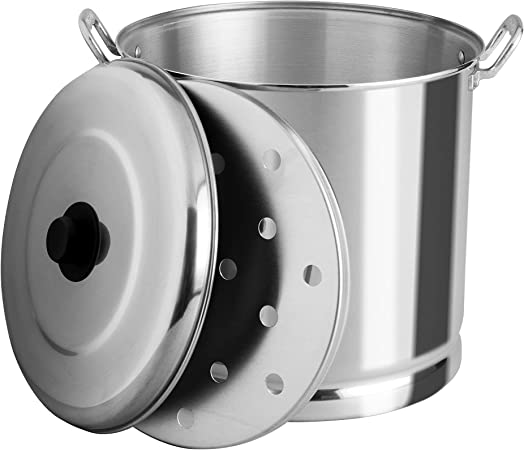 Vasconia 27.5-Quart Steamer Pot (Aluminum) with Tray & Aluminum Lid for Most Stoves (Hand-Wash only) Large Stock Pot for Tamales, Steaming, Boiling & Frying - Makes Seafood, Pasta, Veggies & More