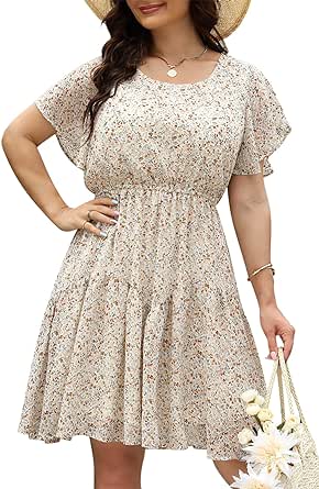 Nemidor Womens Casual Plus Size Summer Boho Chiffon Print Midi Skater Dress with Ruffle Sleeve NEM297