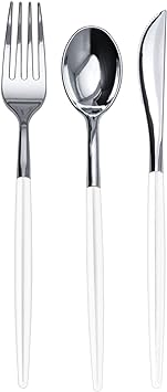 Trendables 120 Pack Disposable Silverware Set - Plastic Cutlery Dinnerware - Includes 40 Plastic Forks - Plastic Spoons - Plastic Knives - White & Silver Plastic Silverware Plastic Utensils Party Set