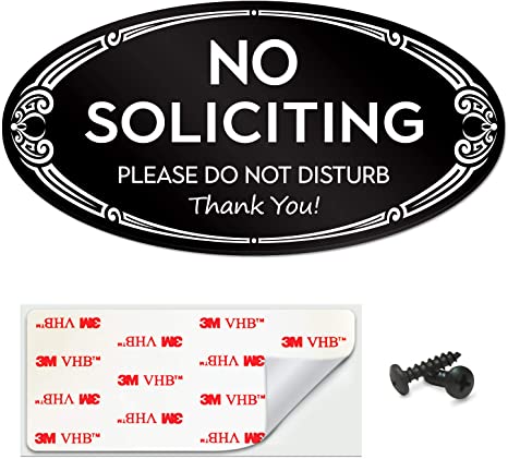 SignSeries No Soliciting Sign - No Knock, Door Sign - 3" x 6" - Mounting Hardware Included, Easy Installation on Wall, Glass, or Doorbell - Heavy-Duty and Weather-Resistant (Black)