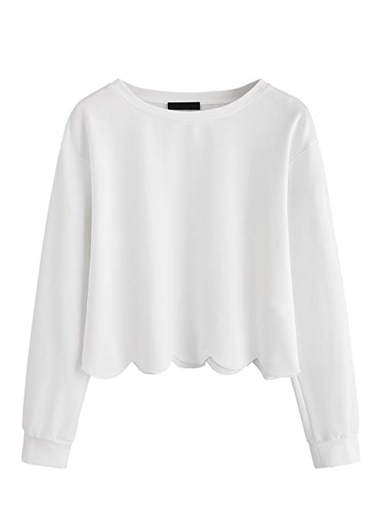 Romwe Women's Casual Long Sleeve Scalloped Hem Crop Tops Sweatshirt