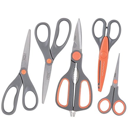 5 Pieces Scissors Combo - (2) 8 in, (1) 6 in Wave Pattern, 5.5 in Craft & 8.5 in Household Scissor