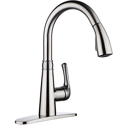 L'Acoqua Single Handle Pull Down Sprayer Kitchen Sink Faucet Brushed Nickel Kitchen Faucets with Deck Plate and Docking System