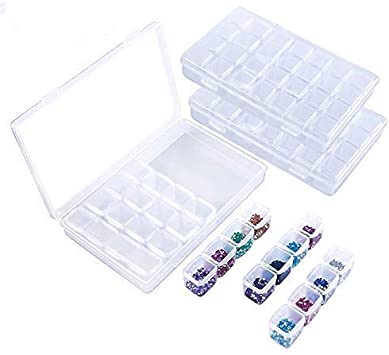 Diamond Embroidery Box, FOME 3 Pack Clear Diamond Painting Storage Box Containers Each with 28 Mini Compartments Grids Mosaic Kits Accessories Storage Box and Cross Stitch Tools for DIY Art Craft