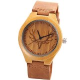 Cucol Natural Wooden Watch with Genuine Brown Leather Strap Naturally Bamboo Watch