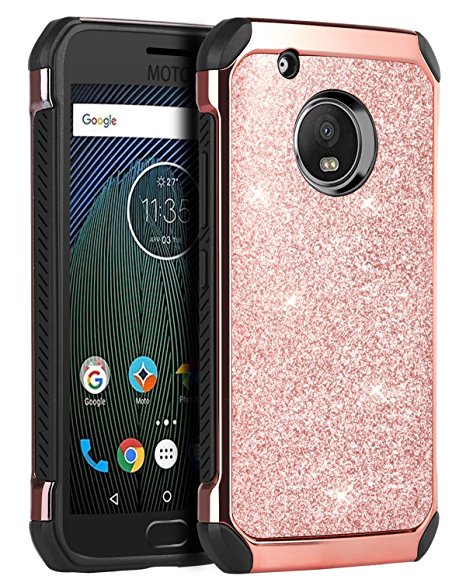 Moto G5 Plus Case,Moto G Plus (5th Generation) Case, BENTOBEN Glitter Faux Leather 2 in 1 Slim Hard Laminated with Luxury Shiny Chrome Shockproof Protective Case for Motorola Moto G5 Plus,Rose Gold