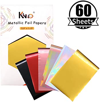KINNO 60 Pieces Metallic Paper Foil Sheets- 6 Mixed Colors Hot Stamping Transfer Foil Paper Laminating on Printer Craft Supplies, Certificates, Business Card, DIY,5.9" by 3.15"