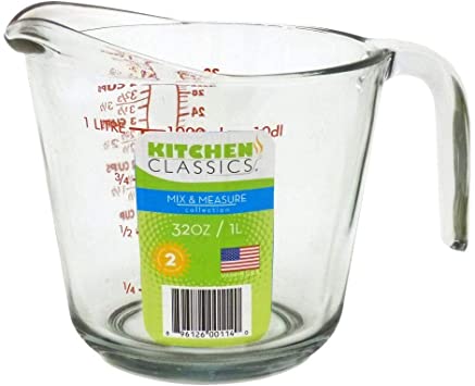 Kitchen Classics 195-91661LIB 32 Oz. Measuring Cup; Holds 32 Ounces/1 Liter; Clear Glass; Red Print; Oven, Freezer, Dishwasher and Microwave Safe; Handle and Spout for Easy Pouring