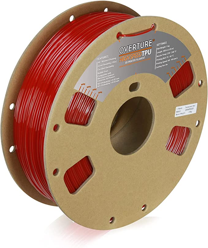 OVERTURE TPU High Speed Filament 1.75mm Flexible TPU Roll, 3D Printer Filament,Dimensional Accuracy  /- 0.03 mm, Fit Most FDM Printer (HS TPU Translucent Red)