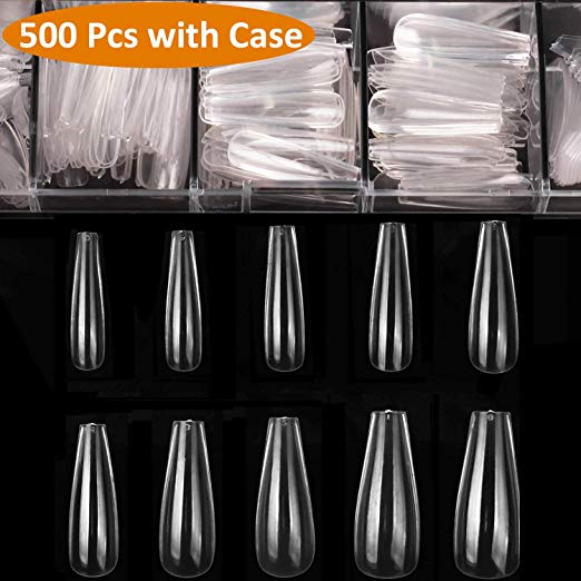 500pcs Coffin Nails Clear Ballerina Fake Nails Tips Long Full Cover Artificial Acrylic Nails with Case for False Nail Salons and DIY Nail Art, 10 Sizes