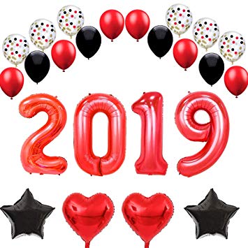 FUNPRT 40 Inch Red 2019 Balloons,Black Red Latex Balloons,Confetti Balloons/Star Heart Foil Balloons,New Year,Graduation,Wedding Bride Shower,Baby Shower,Party Decorations Supplies