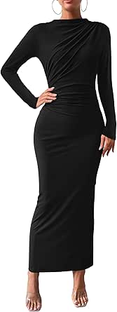 BTFBM Women Bodycon Maxi Dress Long Sleeve Back Slit Ruched Elegant Party Cocktail Formal Fall Wedding Guest Dresses