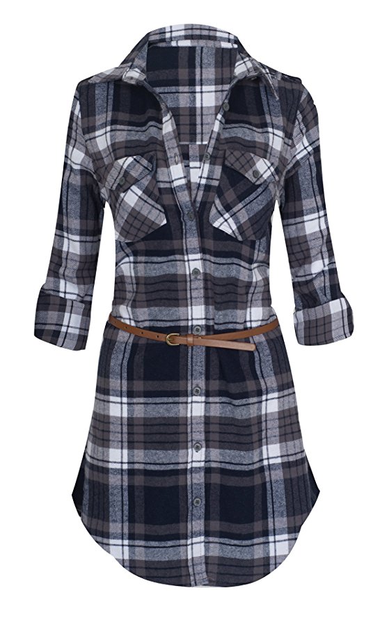 Women's Long Sleeve Button Down Plaid Flannel Belted Tunic Shirt Dress