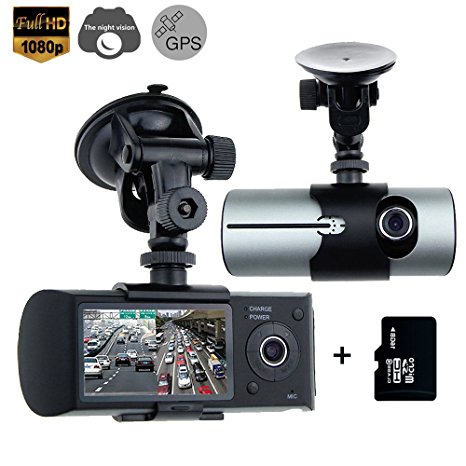 Car Vehicle Camera,Rongyuxuan 2.7" HD 1080P Dual Lens Dash Cam GPS Vehicle Dashboard Camera Synchronous DVR Recorder for Whole Driving Track Recorder(16G TF Card Included)