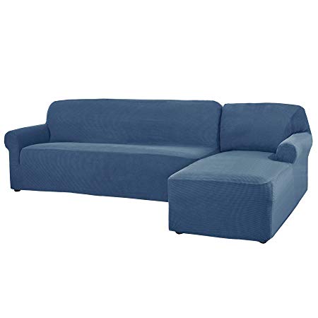 CHUN YI 2 Pieces L-Shaped 3 Seats Jacquard Polyester Stretch Fabric Sectional Sofa Slipcovers for Living Room (Right Chaise（3 Seats）, Denim Blue)