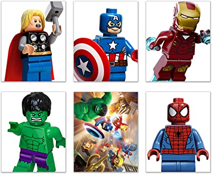 Lego Mini Figure Prints - Set of 6 (8x10) Poster Photos - Captain America Hulk Iron Man Spiderman Thor