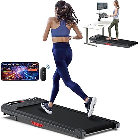 Incline Under Desk Walking Pad: Voice Controlled Smart Standing Treadmill Works with ZWIFT KINOMAP WELLFIT APP for Home Office - 265Lbs Capacity Quiet Treadmills with LED Screen Remote Control