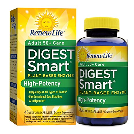 Renew Life - Digest Smart Adult 50  Care - gas, bloating, and digestive relief - plant-based enzyme supplement - 45 vegetable capsules
