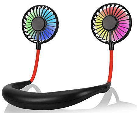 Hands Free Portable Neck Fan - 2000mAh Rechargeable Mini USB Personal Fan Battery Operated with 3 Level Air Flow, 7 LED Lights for Home Office Travel Indoor Outdoor (Black)