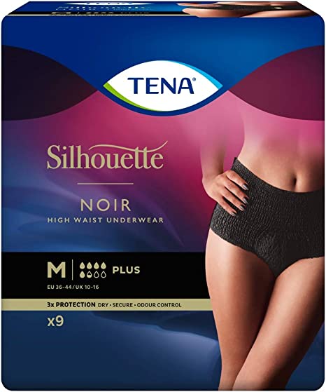 Tena Silhouette High Waist Underwear Plus Black Medium, Pack of 9