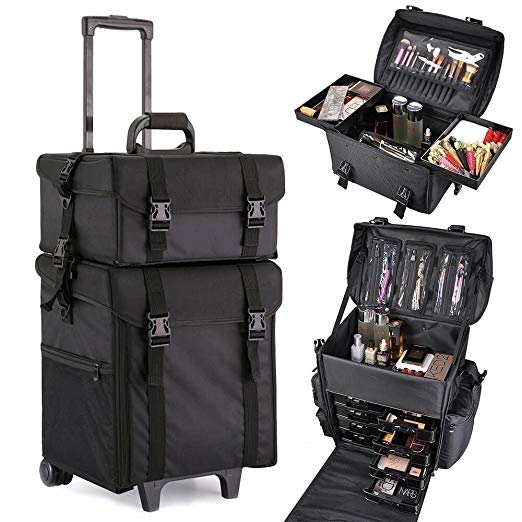 JAXPETY Pro 2 in 1 Trolley Cosmetic Case Makeup Bag Box Rolling Storage Organizer,Black