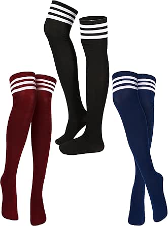 SATINIOR 3 Pairs Knee High Socks Thigh High Socks Triple Stripe over the Knee Socks Long Opaque Thigh High Stockings