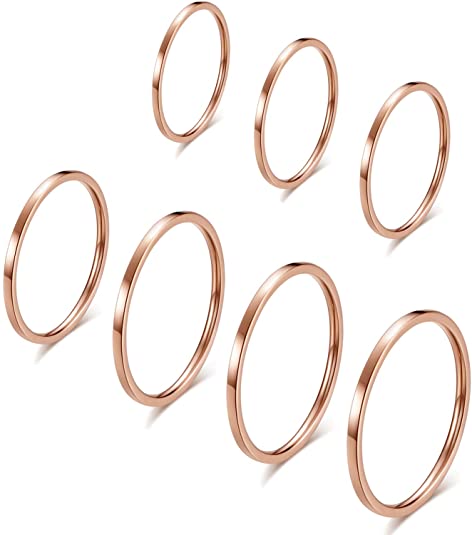 INRENG 7pcs 1mm Stainless Steel Women's Plain Band Thin Knuckle Stacking Midi Rings Comfort Fit Size 3 to 9